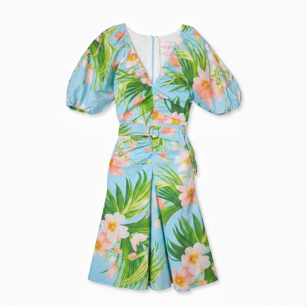 Carolina Herrera Blue Tropical Floral Midi Dress | Puff Sleeves | Belted